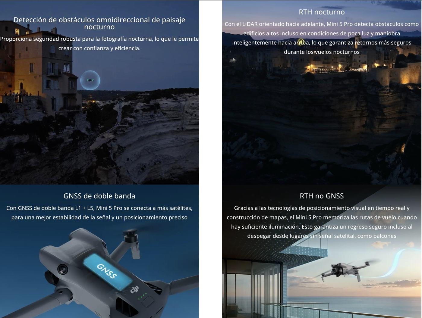 Detección de obstáculos nocturna, RTH nocturno, GNSS de doble banda y RTH sin GNSS del DJI Mini 5 Pro