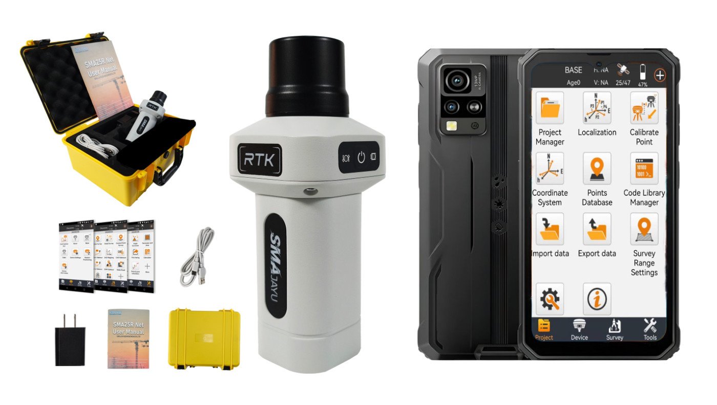 Contenido de la caja SMA25R Net: receptor GNSS, controlador de campo, cables y accesorios