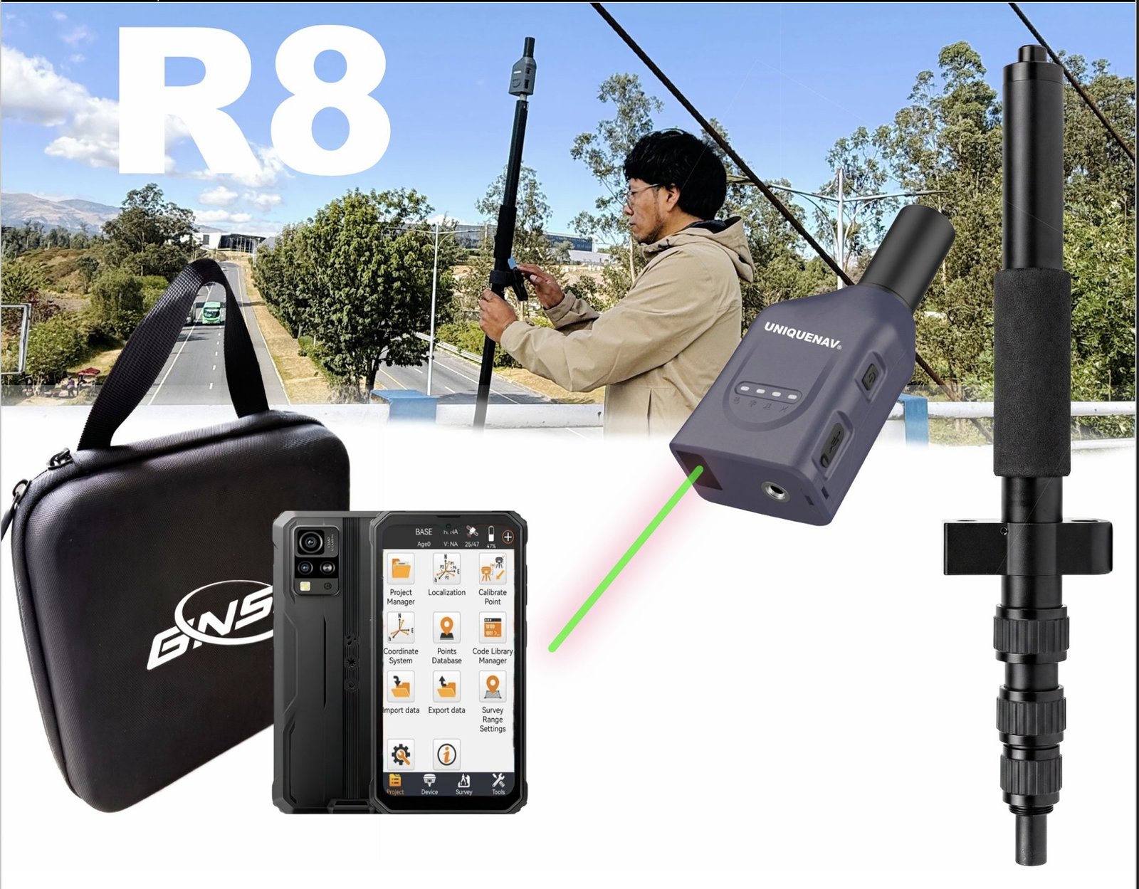 Contenido del kit RTK R8 + Colector: receptor GNSS láser UNIQUENAV R8, colector de campo, bastón y maletín de transporte